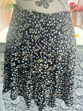 Skatergrunge boho Black Floral Smocked Tiered Skirt with Pink & Yellow Flowers